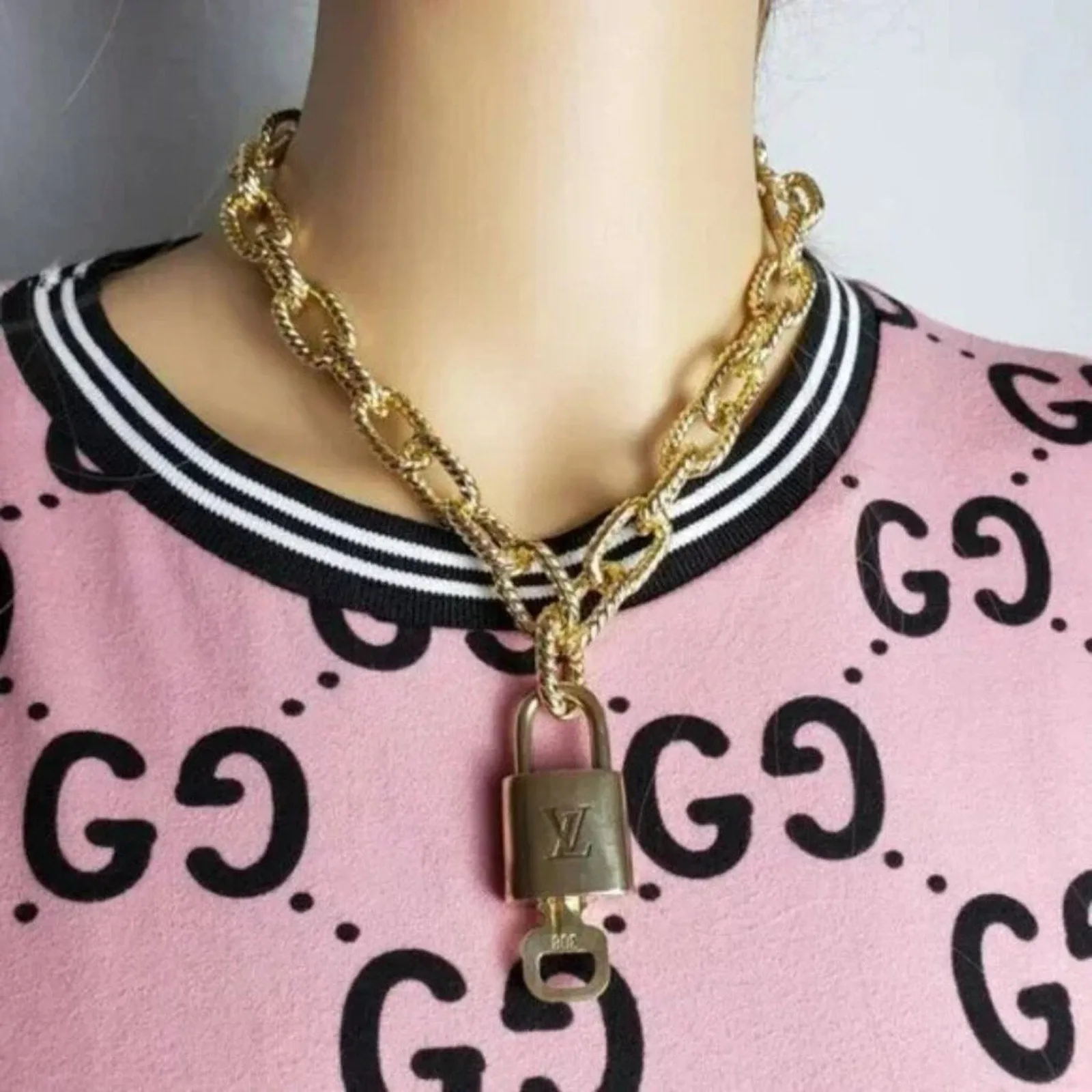 100% Auth Louis Vuitton Lock & Key with Unbranded Gold Plated Chain Necklace