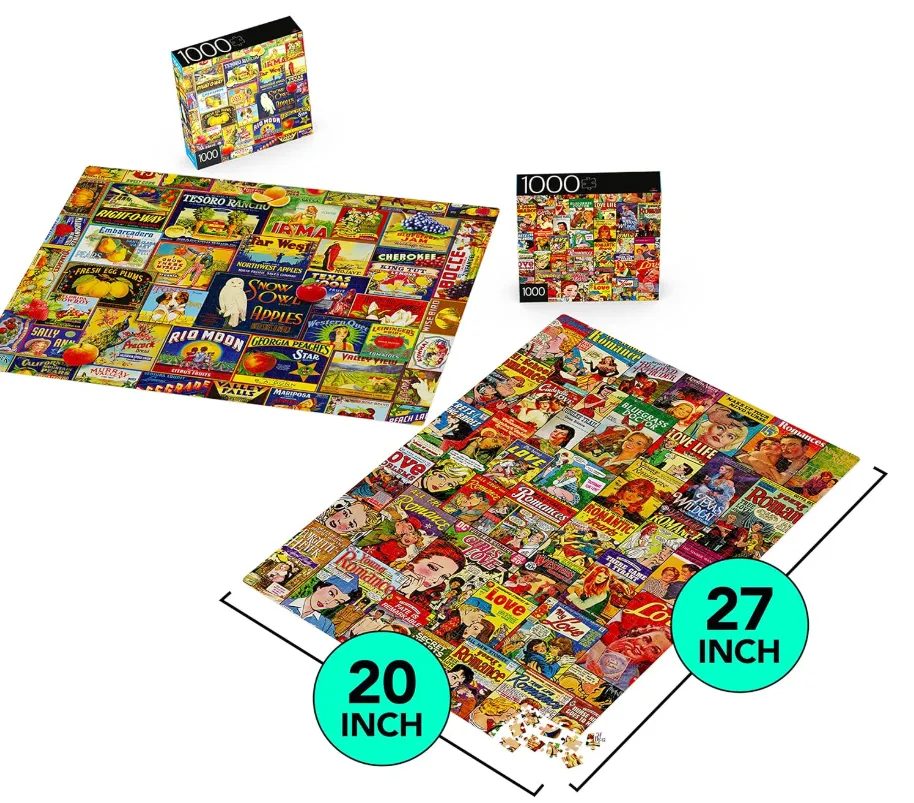 2-Pack of 1000-Piece Jigsaw Puzzles, for Adults, Families, and Kids Ages 8 and up, Retro Comics and Fruit Labels