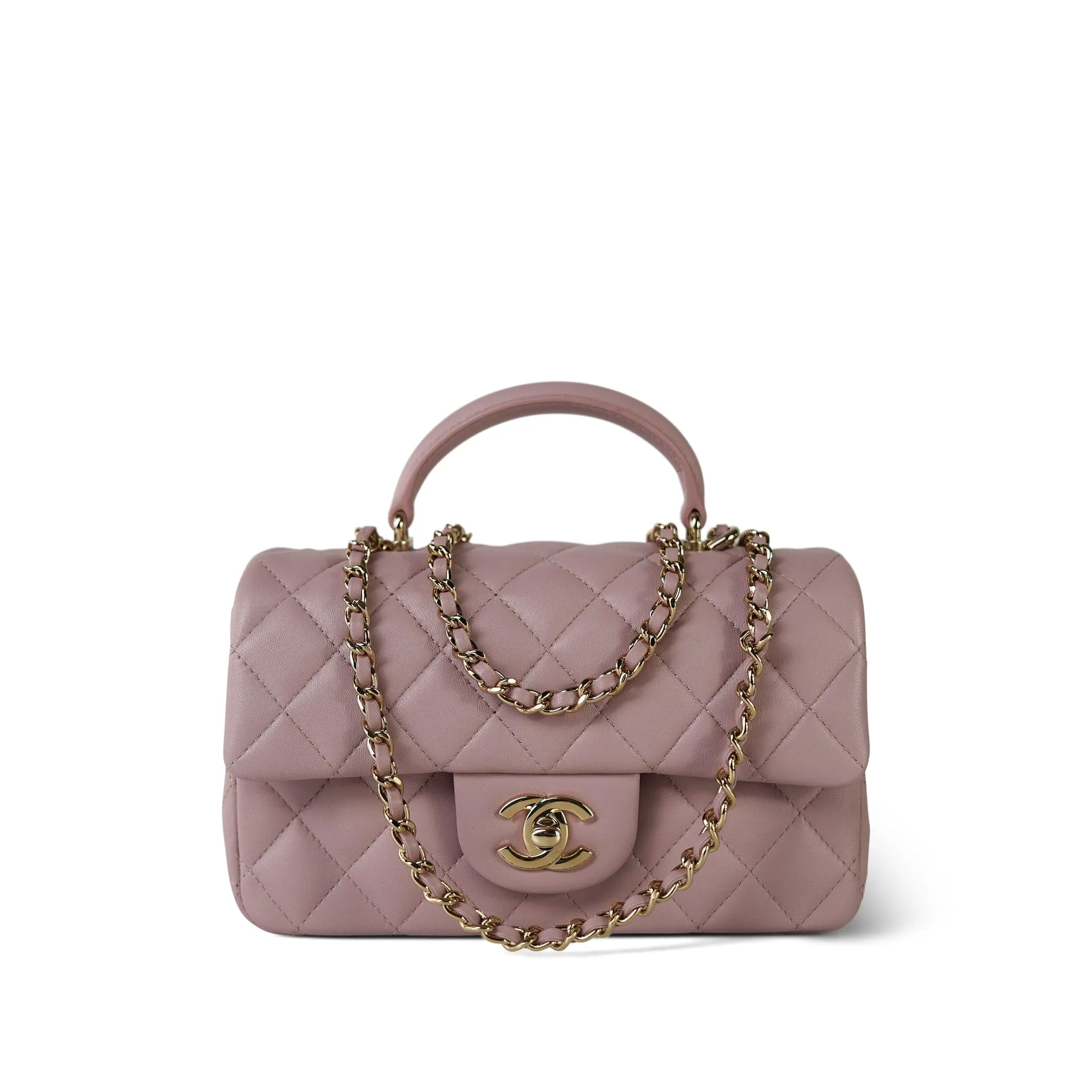 24P Light Pink Lambskin Quilted Mini Top Handle LGHW