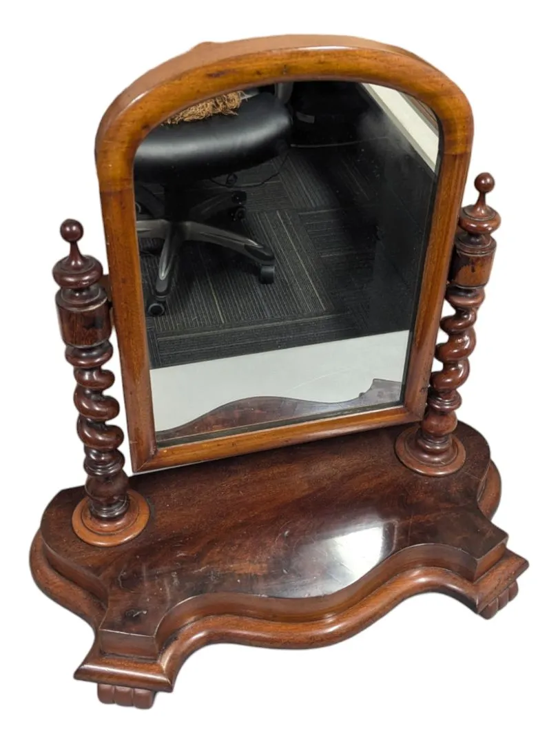 Antique 19th Century Victorian Mahogany Barley Twist Columns Dressing Shaving Mirror on bun feet