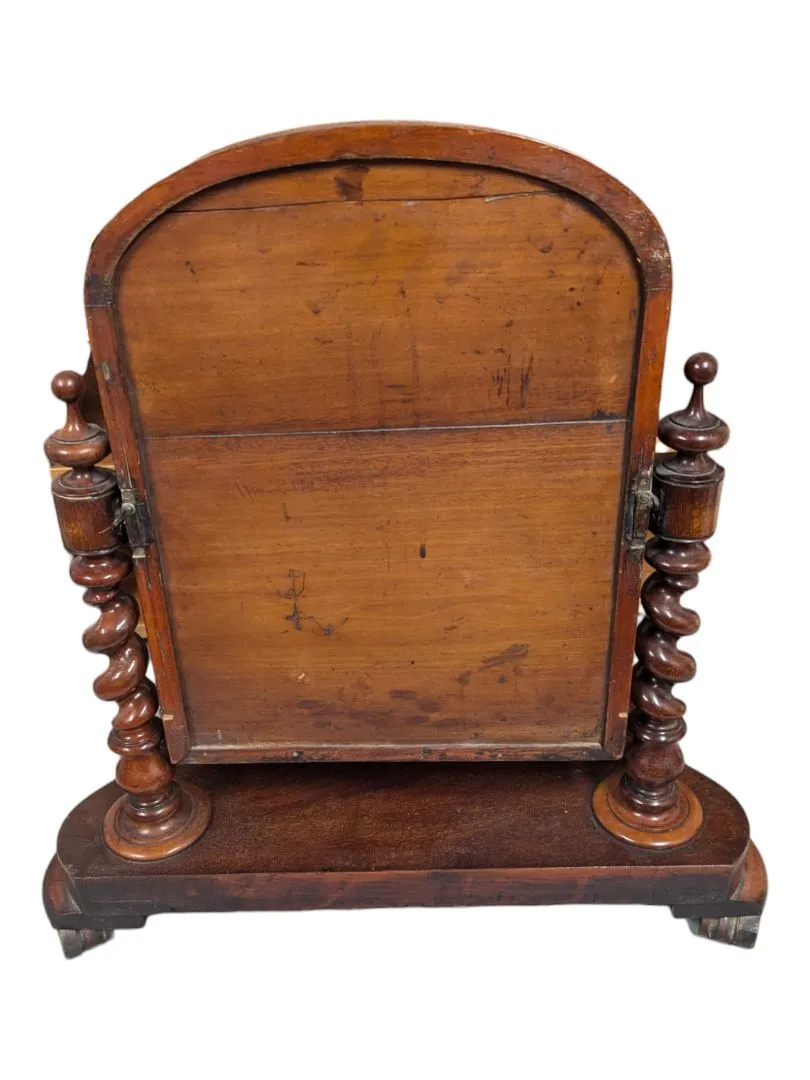 Antique 19th Century Victorian Mahogany Barley Twist Columns Dressing Shaving Mirror on bun feet