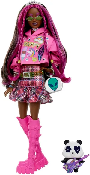 Barbie Doll with Pet Panda, Barbie Extra, Kids Toys, Clothes and Accessories, Pink-Streaked Brunette Hair, Graphic Hoodie and Plaid Skirt