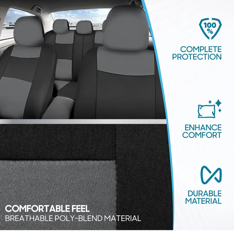 BDK PolyPro Car Seat Covers Full Set in Gray on Black  Front and Rear Split Bench Car Seat Cover, Easy to Install, Interior Covers for Auto Truck Van SUV