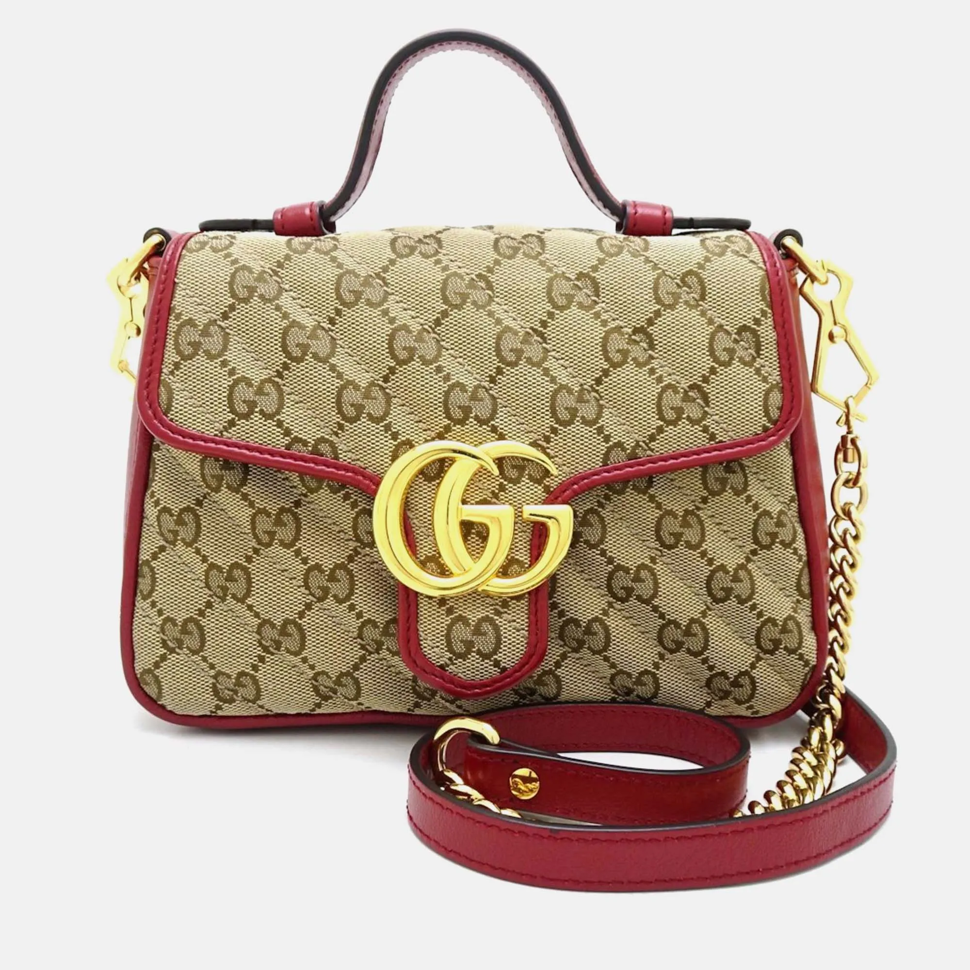 Beige Red Canvas Leather GG Mini Top Handle Bag