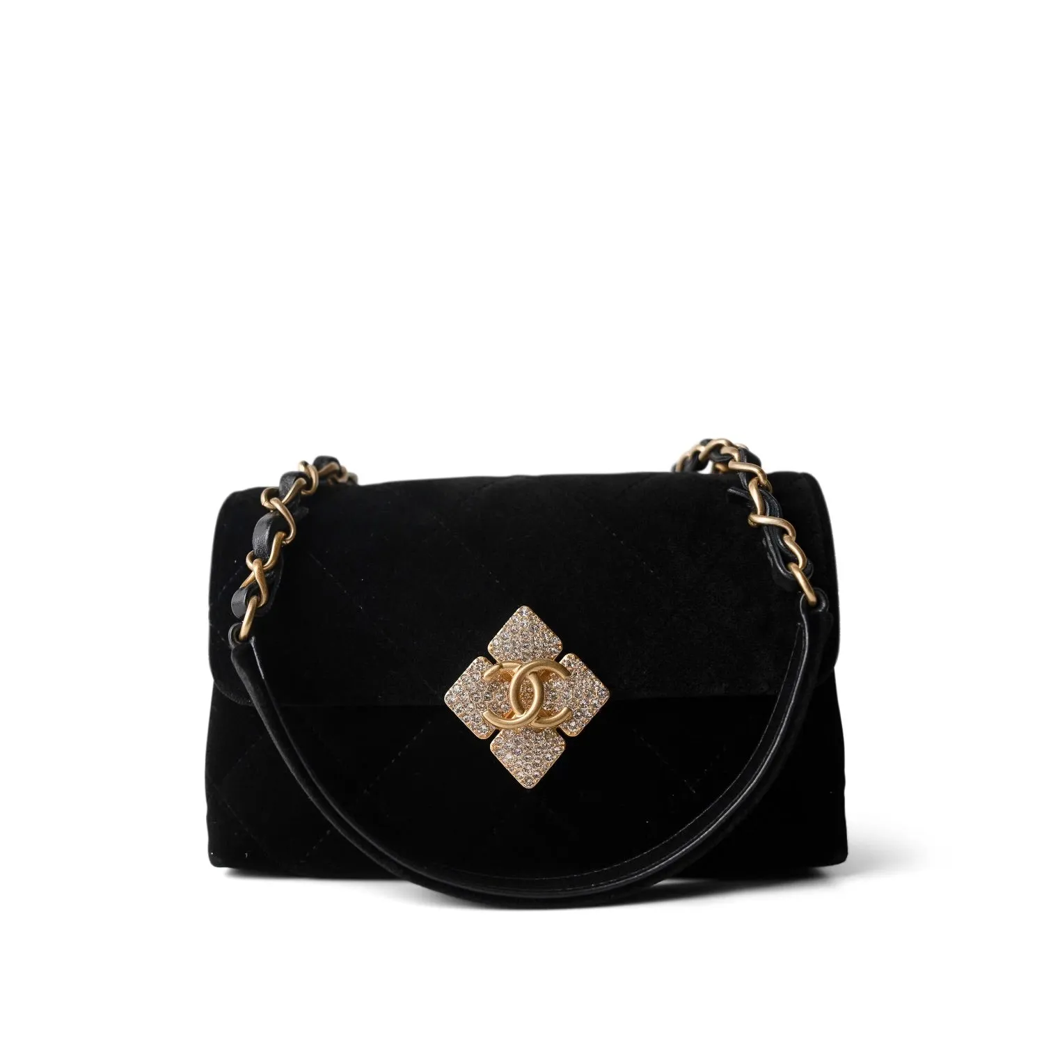 Black Velvet Strass Evening Bag Diamond Lock Flap Bag Aged GHW