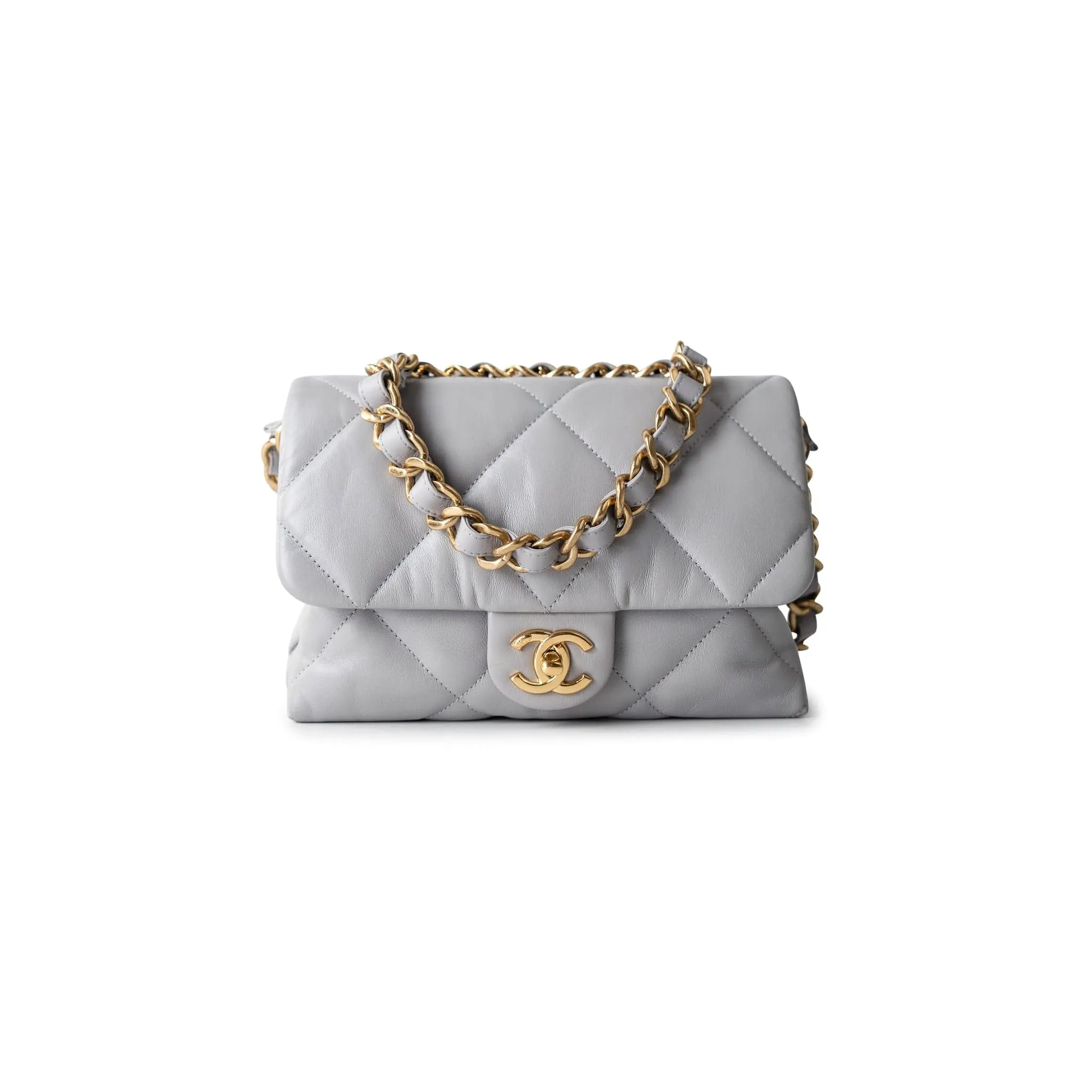 Grey Lambskin Quilted Chain Top Handle Flap