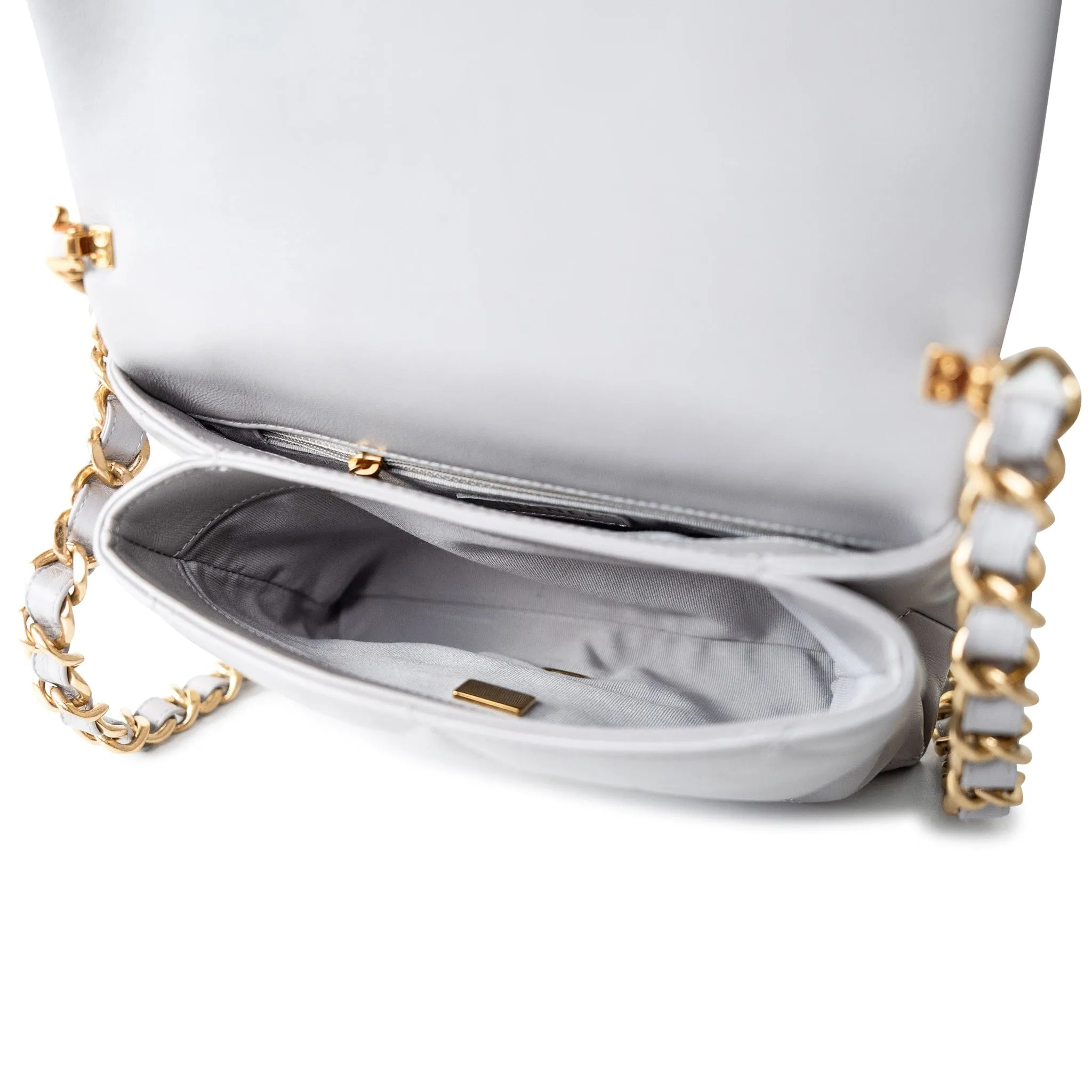 Grey Lambskin Quilted Chain Top Handle Flap