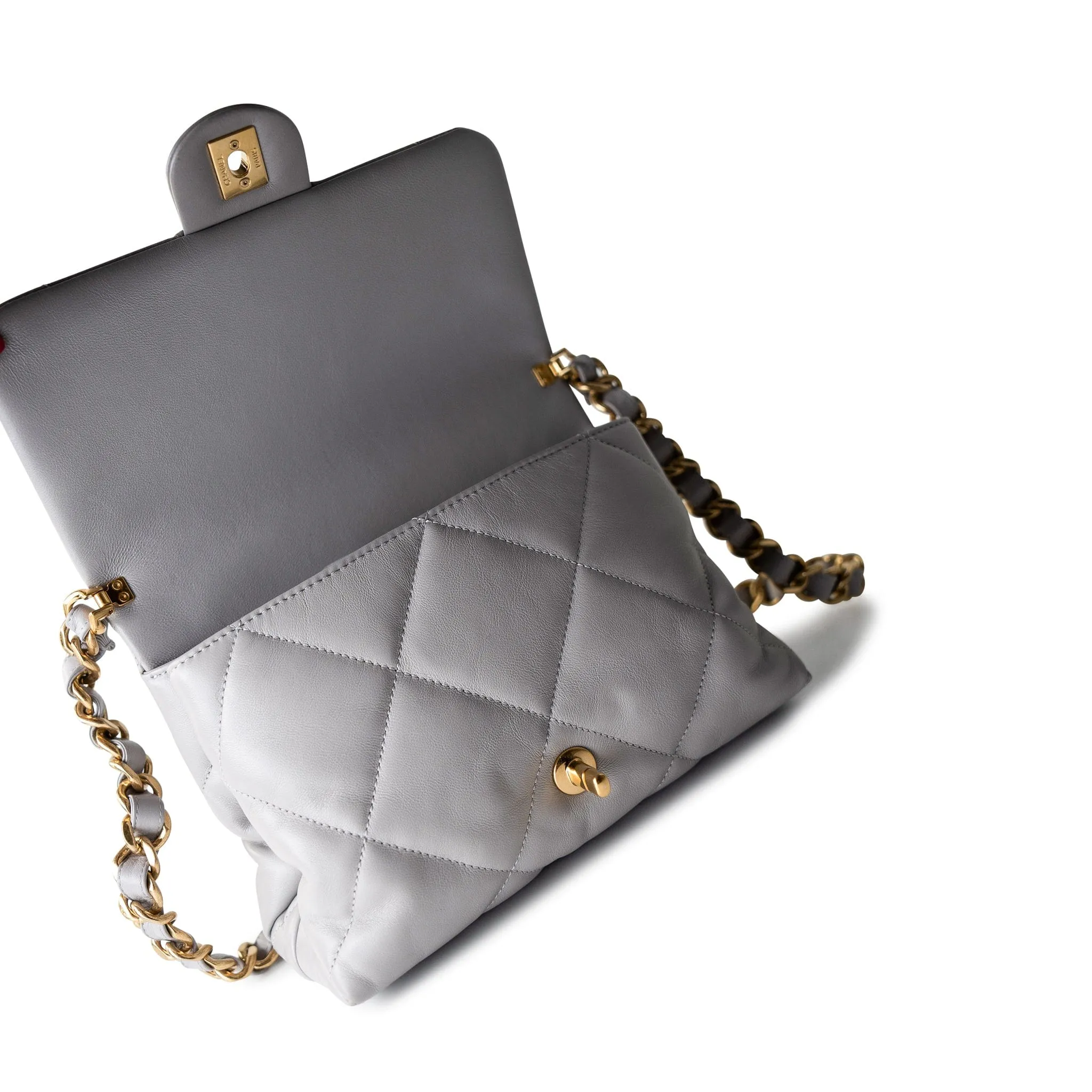 Grey Lambskin Quilted Chain Top Handle Flap