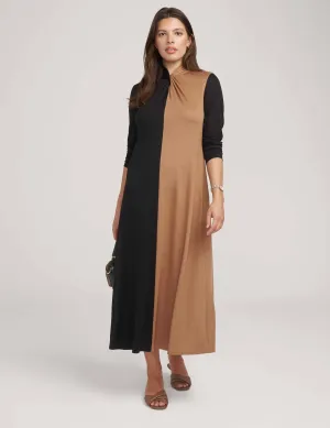 Long Sleeve Twist Neck Blocked Midi Dress- Sale