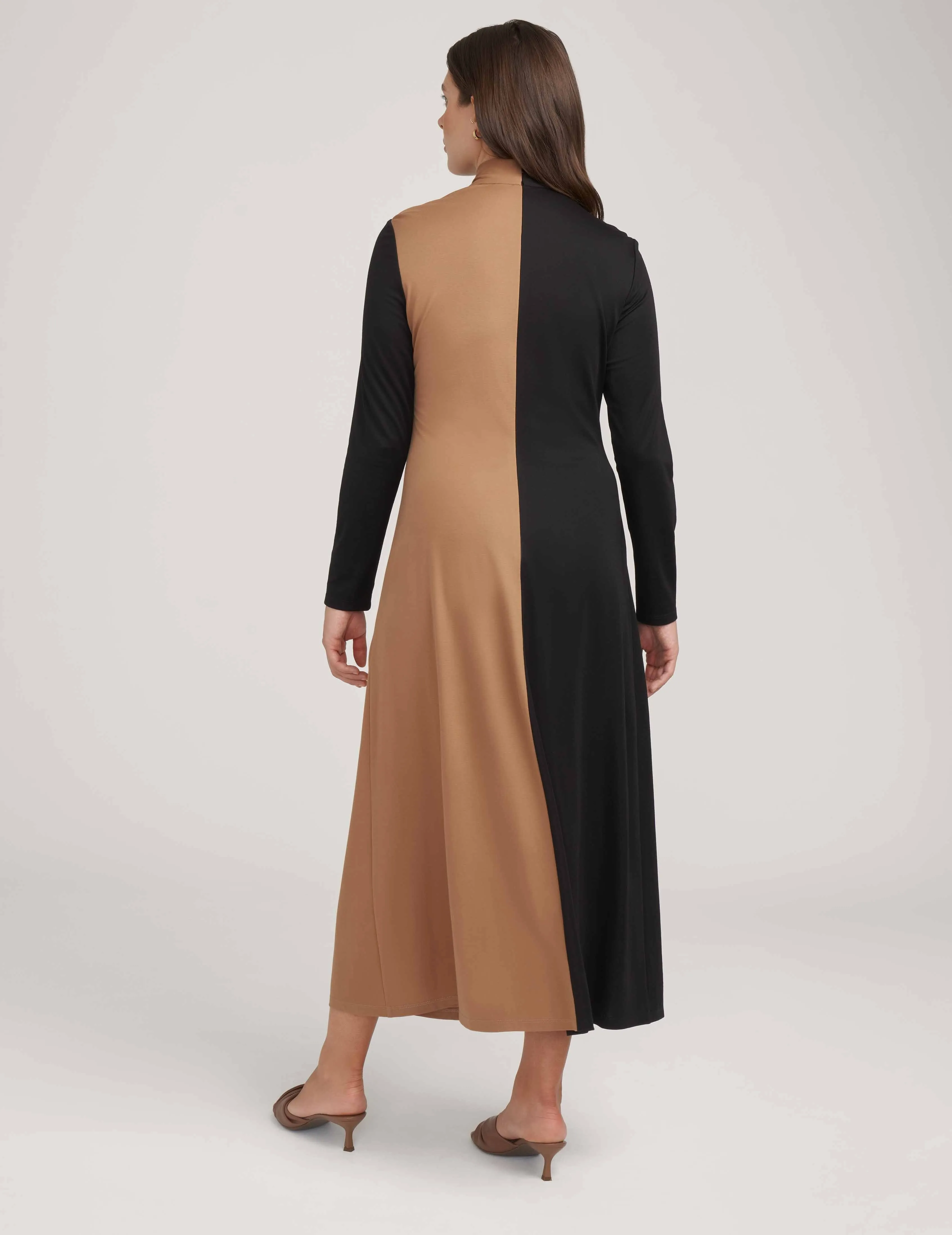 Long Sleeve Twist Neck Blocked Midi Dress- Sale