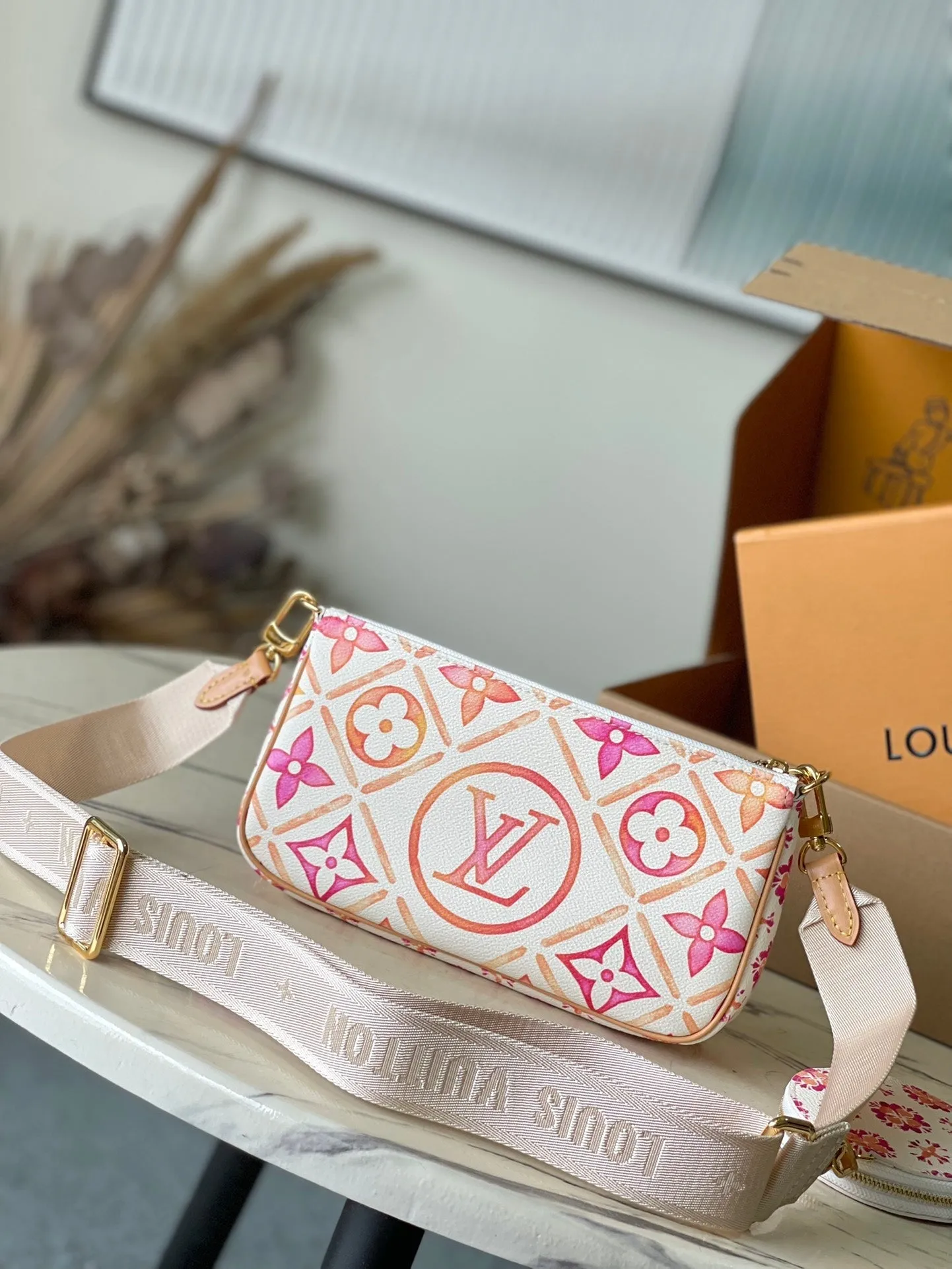 Louis Vuitton MULTI POCHETTE ACCESSOIRES 24 IN CORAL MONOGRAM TILES CANVAS GOLD HARDWARE