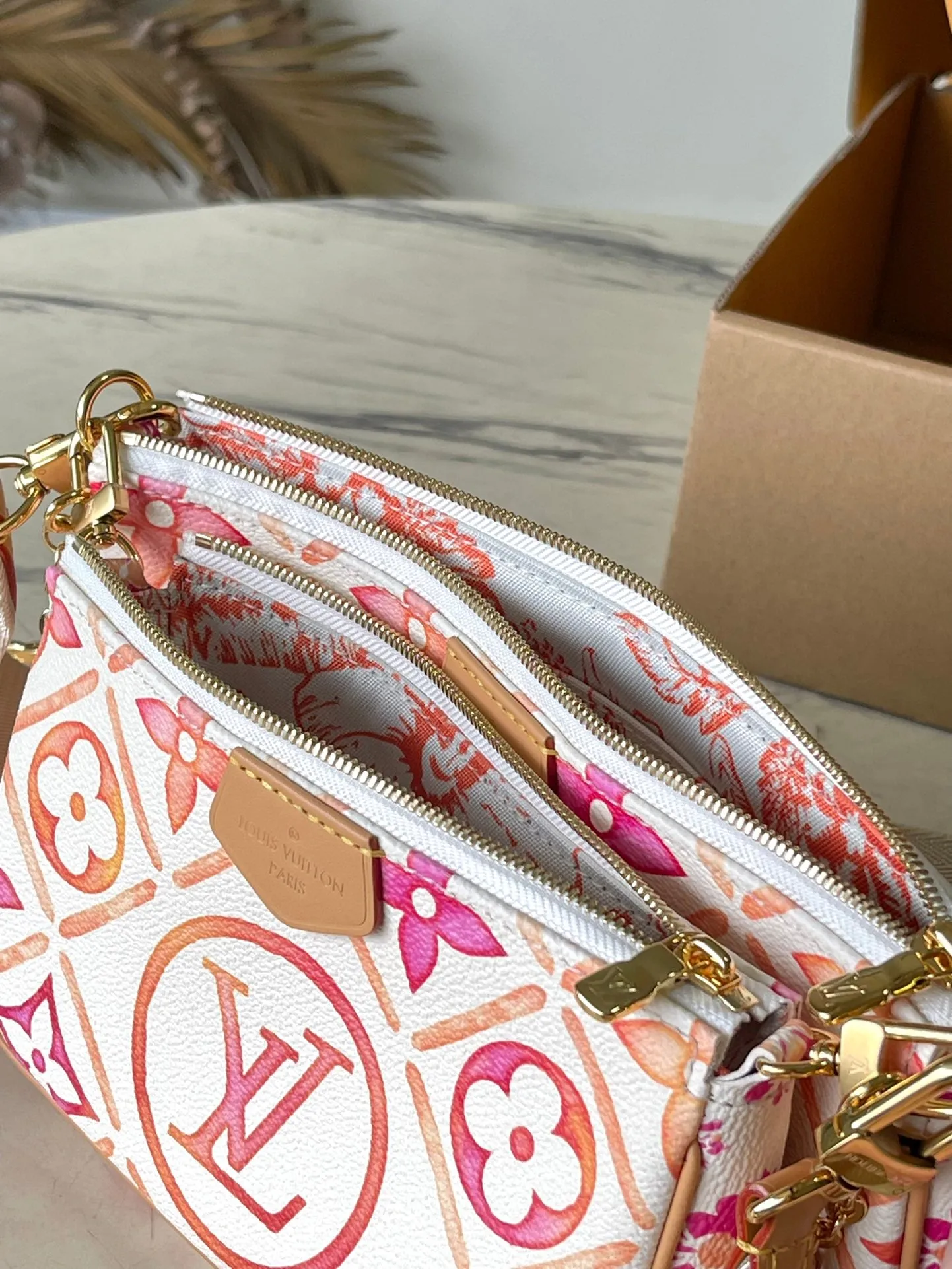 Louis Vuitton MULTI POCHETTE ACCESSOIRES 24 IN CORAL MONOGRAM TILES CANVAS GOLD HARDWARE