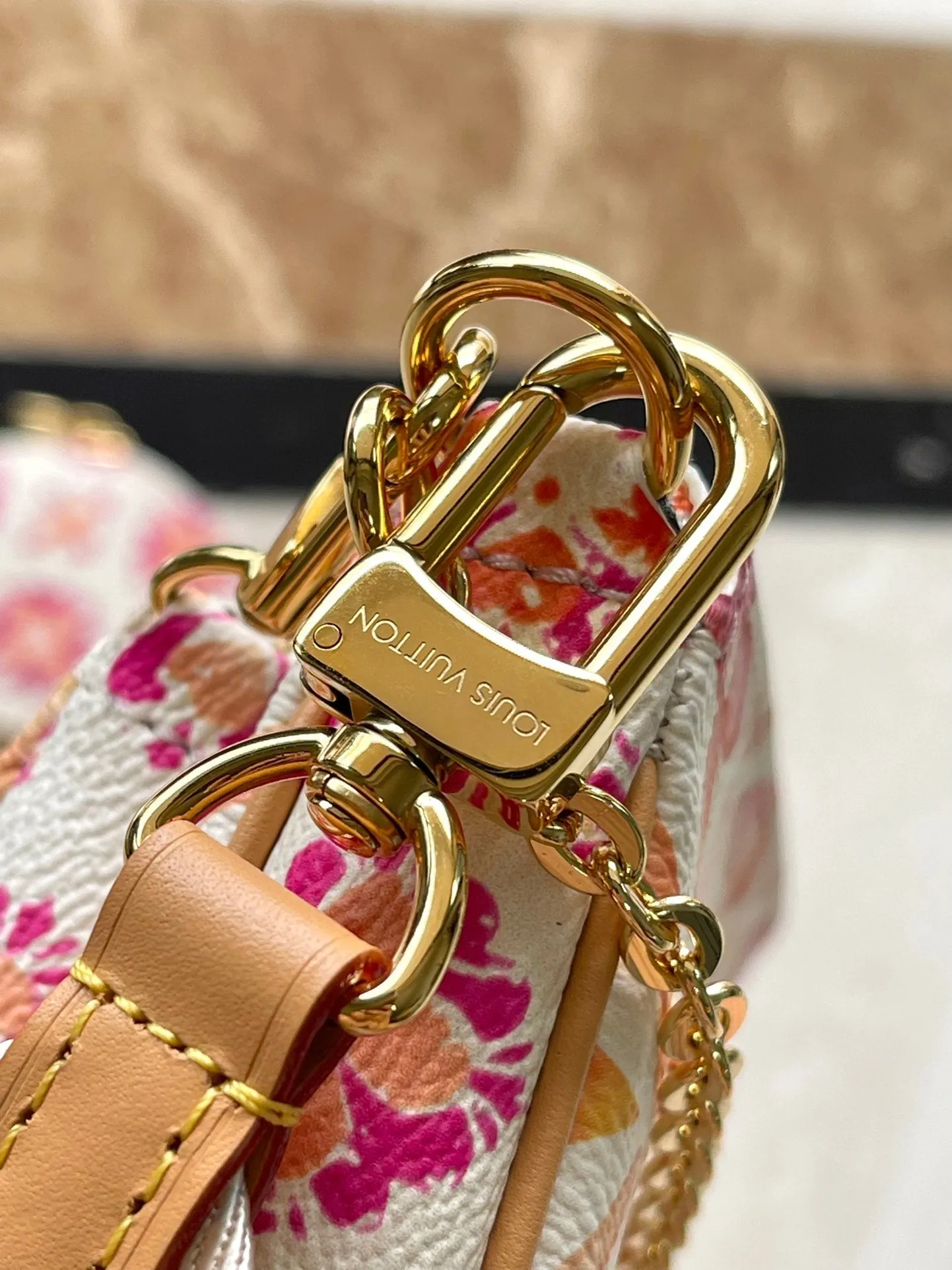Louis Vuitton MULTI POCHETTE ACCESSOIRES 24 IN CORAL MONOGRAM TILES CANVAS GOLD HARDWARE