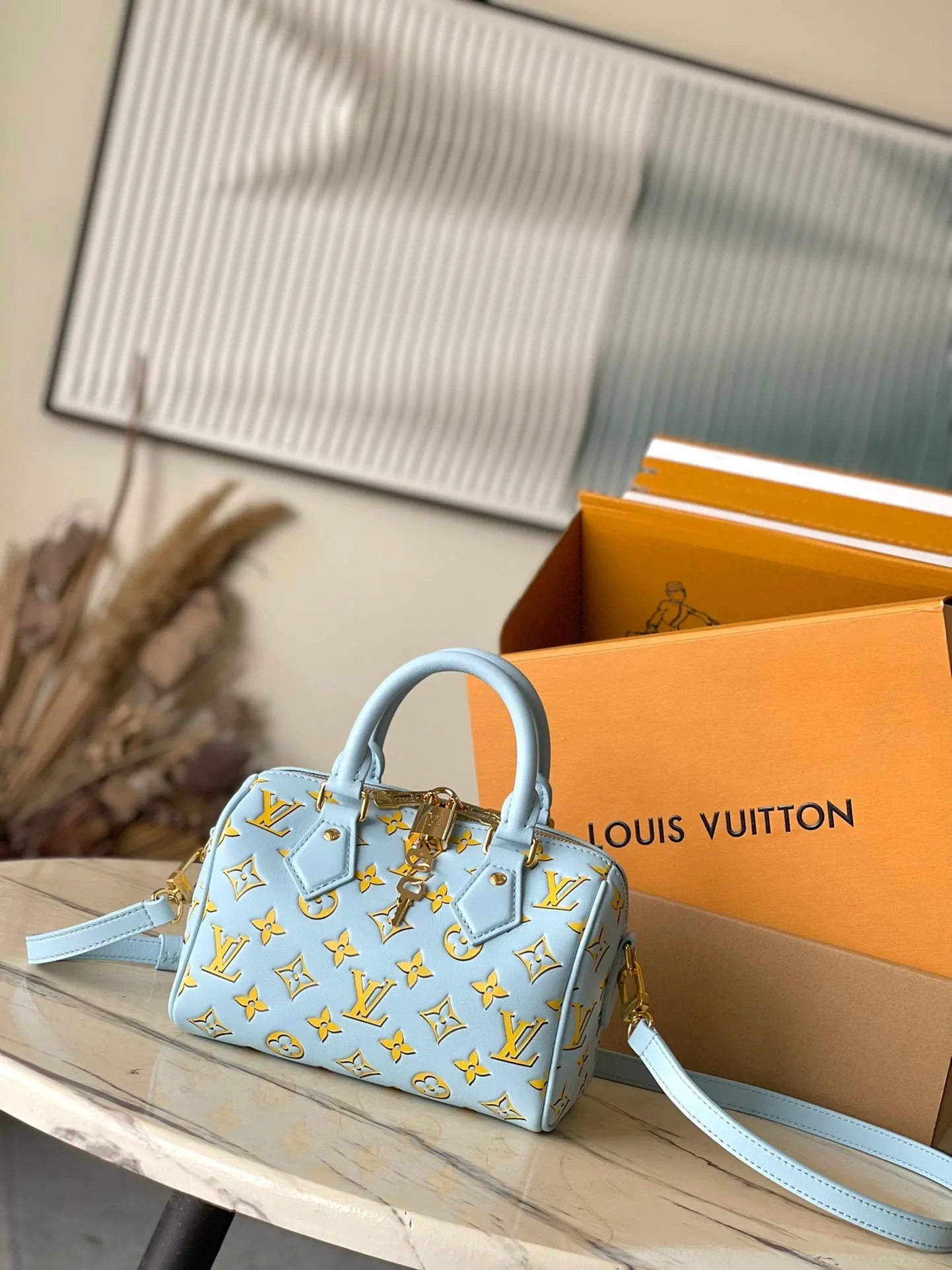 Louis Vuitton SPEEDY BANDOULIRE 20 IN SKY YELLOW MONOGRAM CALFSKIN GOLD BUCKLE