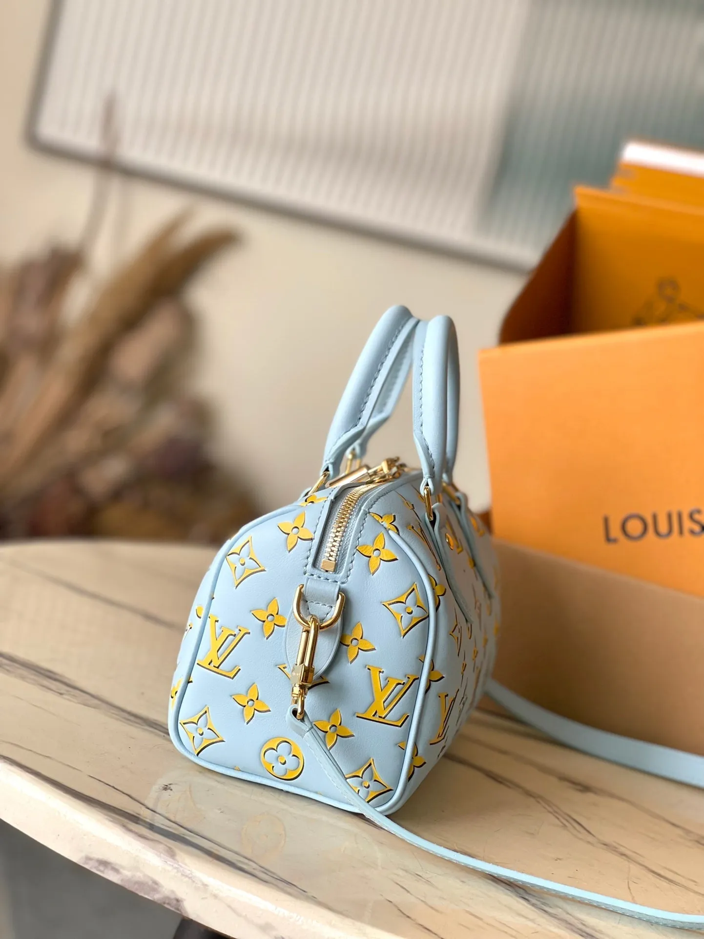 Louis Vuitton SPEEDY BANDOULIRE 20 IN SKY YELLOW MONOGRAM CALFSKIN GOLD BUCKLE