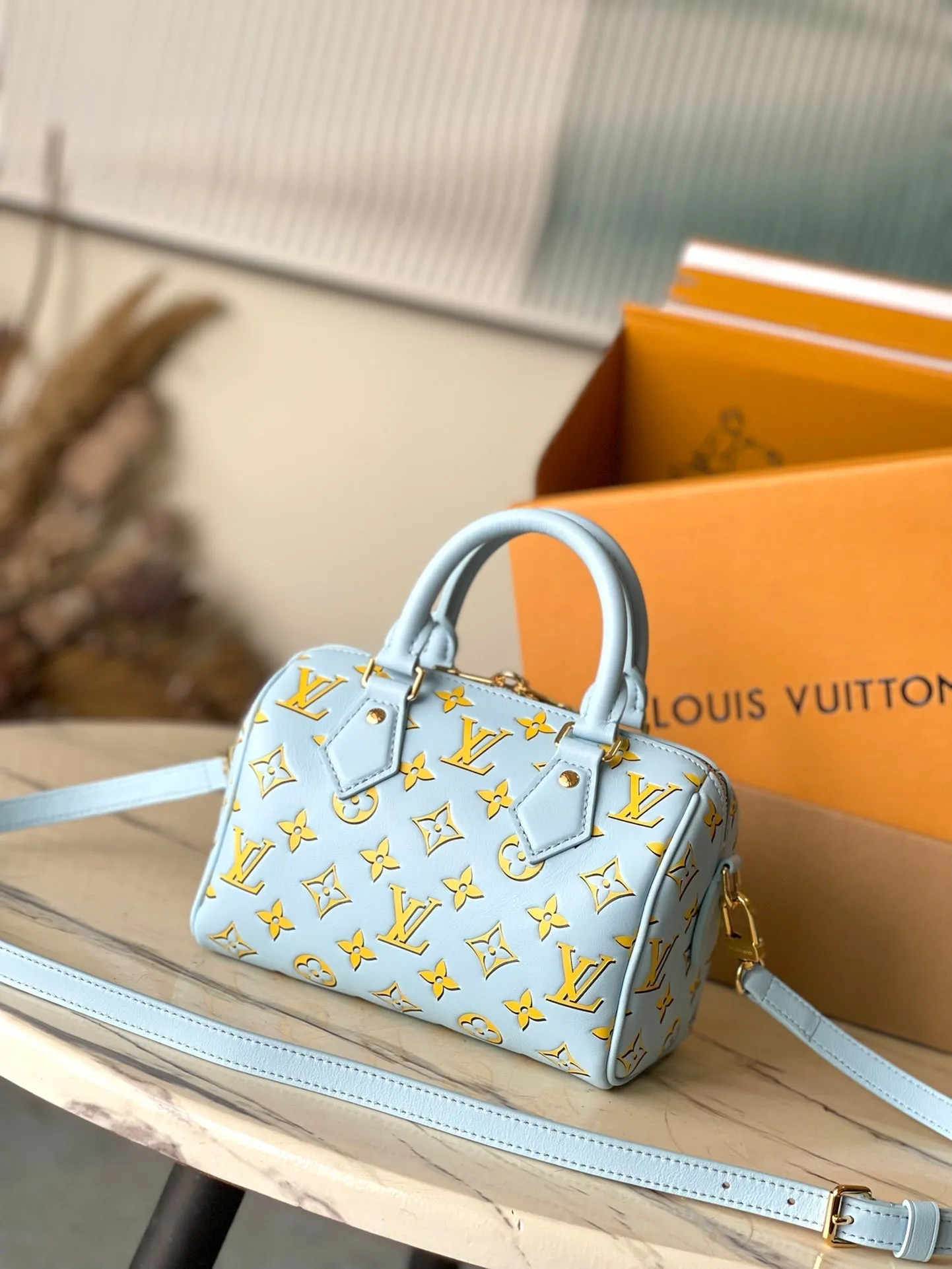 Louis Vuitton SPEEDY BANDOULIRE 20 IN SKY YELLOW MONOGRAM CALFSKIN GOLD BUCKLE